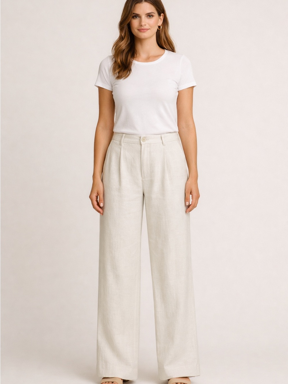 Wide Leg Cream Lightweight Linen-like Pants